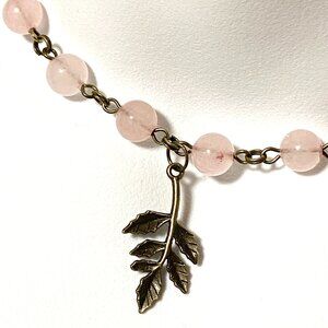Natural Pink Rose Quartz Necklace, Bronze Leaf Branch + Genuine Gemstone Choker